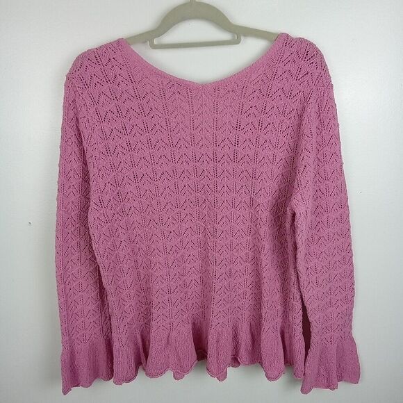J. Jill Women's Boho Crochet Knit Top Size XL Pink Ruffle Bell Sleeve Cotton - Picture 5 of 8